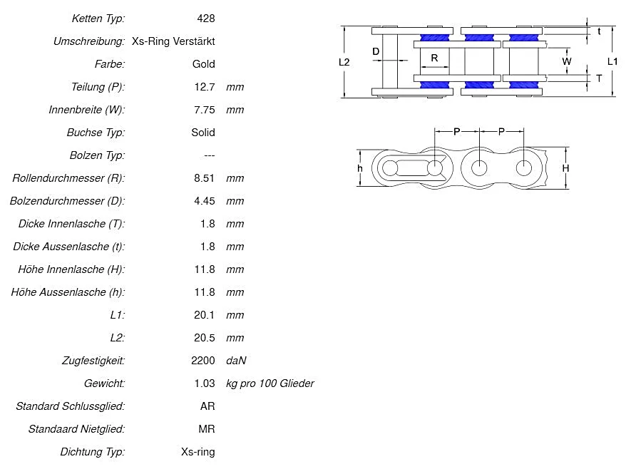 afam_ketten_daten_A428XMR_G AFAM Kettensatz Stahl 428 XMR-G 14x45 - Yamaha YBR 125 ED 2005-06