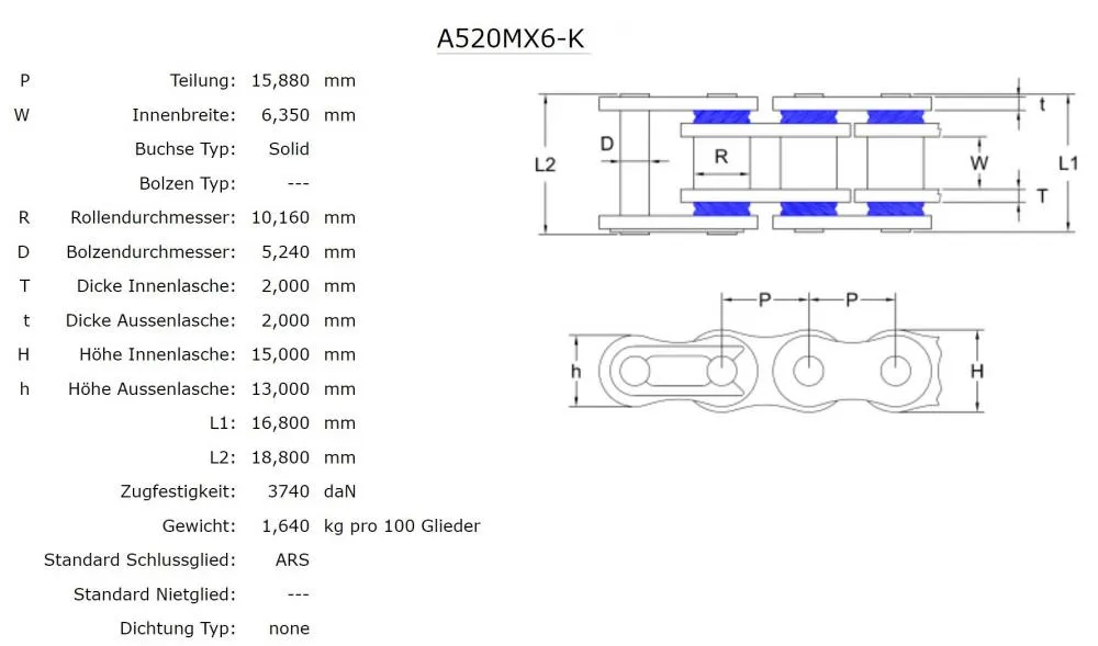 AFAM MX6-K Kette 520 schwarz - 118 Glieder - Clip Schloß - Motocross