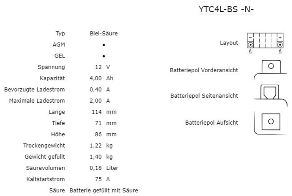 Nitro GEL YTC4L-BS AGM Batterie 12V 4AH (YB4L-B, GM4-3B, FB4L-B, 6I2P)