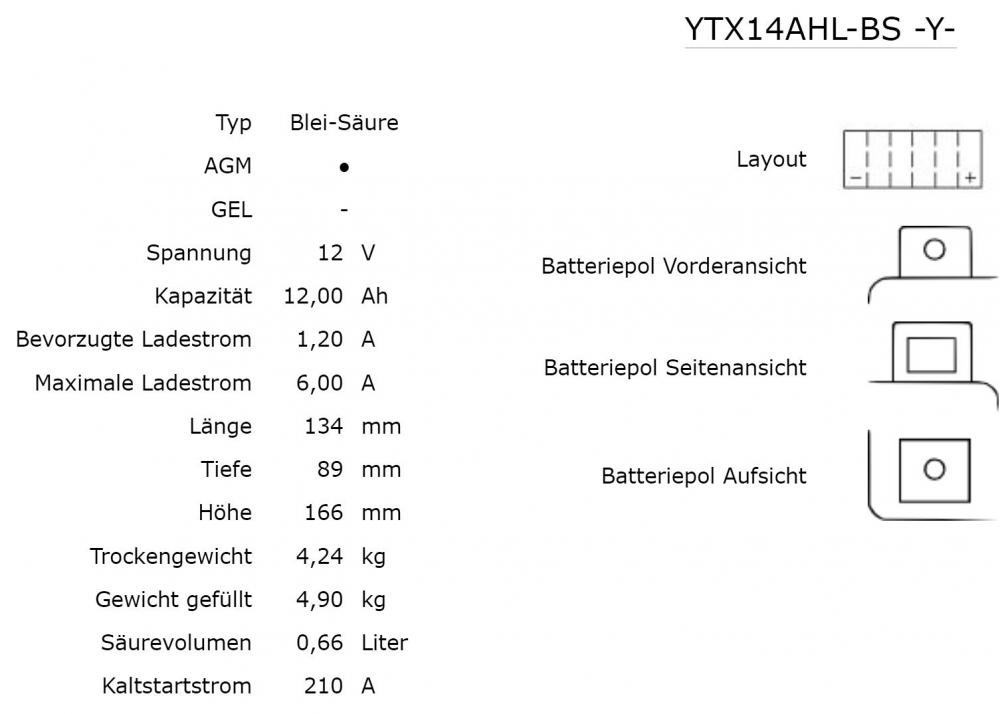 Yuasa YTX14AHL-BS AGM Batterie 12V 12AH - Einbaufertig (YB14L-A2, 12N14-3A)