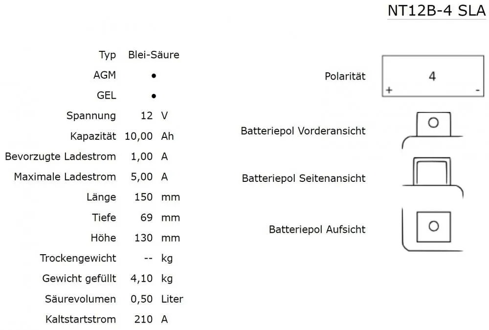 Nitro NT12B-4 / YT12B-BS AGM Batterie 12V 10AH - Einbaufertig (YT12-B4)
