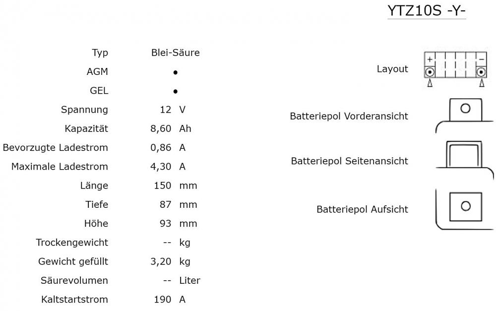 Yuasa YTZ10S MF AGM Batterie 12V 8,6AH - Einbaufertig (YTZ10S-BS, YTZ10S-4)