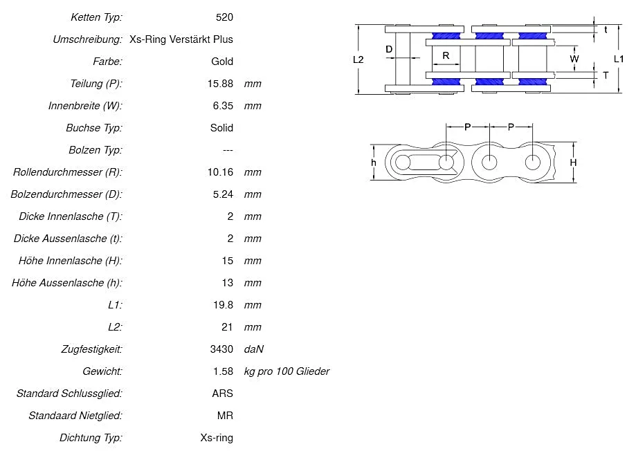 AFAM Kettensatz Stahl 520 XRR2-G 15x47 - Yamaha TTR 600 E 2002-04