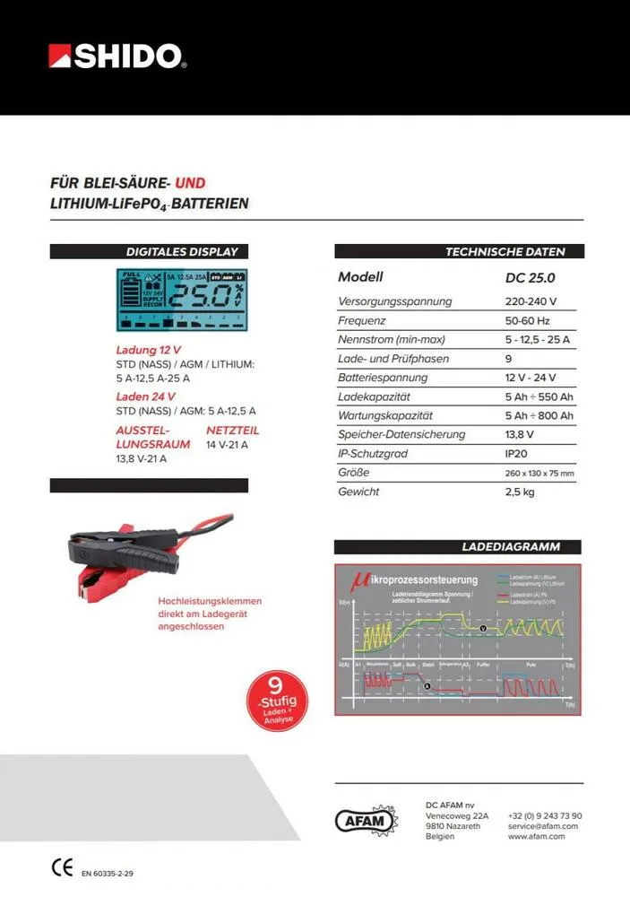 Shido DC25.0 Batterieladegerät 12V + 24V 5A / 12.5A / 25A für Blei-Säure + Lithium Batterie