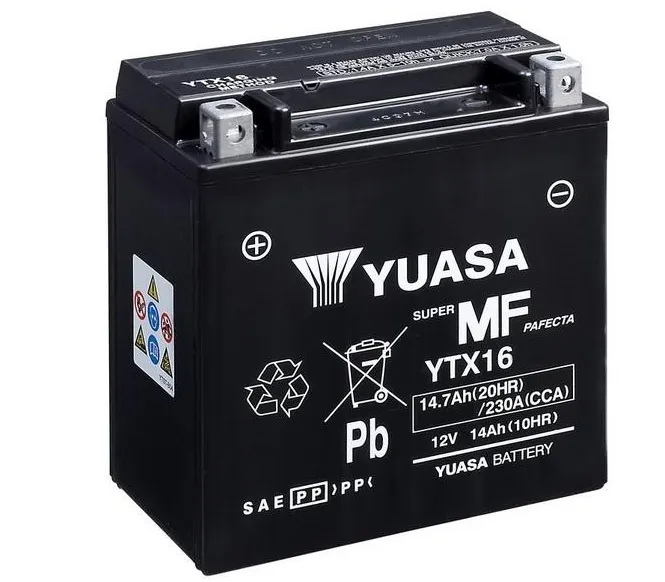 Yuasa YTX16 AGM Batterie 12V 14AH WC - Einbaufertig (YTX16-BS YTX16-4 FTX16-BS) Yuasa YTX16 AGM Batterie 12V 14 AH (WC) ab Werk gefüllt
