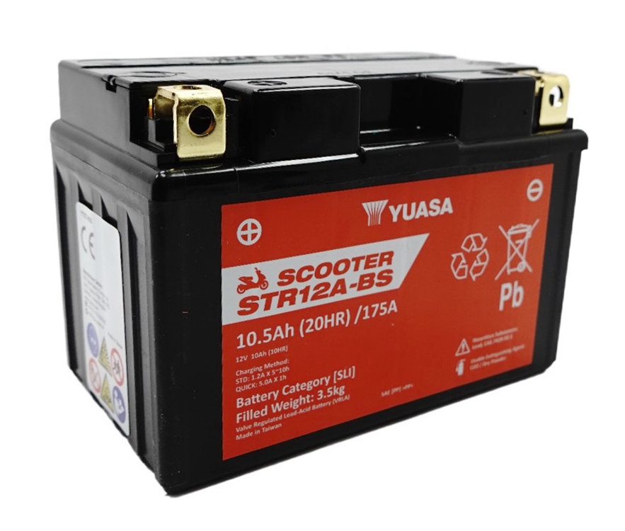 Yuasa STR12A-BS AGM Scooter Batterie 12V 10AH CP - Einbaufertig (YT12A-BS YT12A-4 GT12A-BS)